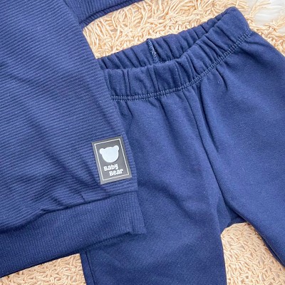 Conj. Casaco com Gola Baby Bear e Calça de Moletom - Marinho e Off White